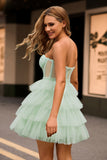 Light Green A Line Strapless Corset Tiered Tulle Short Homecoming Dress