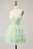 Light Green A-Line Strapless Sheer Corset Tiered Short Homecoming Dress