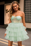 Light Green A Line Strapless Corset Tiered Tulle Short Homecoming Dress