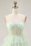 Light Green A-Line Strapless Sheer Corset Tiered Short Homecoming Dress