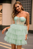 Light Green A Line Strapless Corset Tiered Tulle Short Homecoming Dress