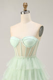 Light Green A-Line Strapless Sheer Corset Tiered Short Homecoming Dress