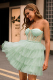 Light Green A Line Strapless Corset Tiered Tulle Short Homecoming Dress