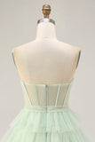 Light Green A-Line Strapless Sheer Corset Tiered Short Homecoming Dress