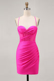 Fuchsia Spaghetti Straps Corset Ruched Tight Short Homecoming Dress