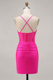 Fuchsia Spaghetti Straps Corset Ruched Tight Short Homecoming Dress
