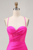 Fuchsia Spaghetti Straps Corset Ruched Tight Short Homecoming Dress