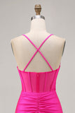 Fuchsia Spaghetti Straps Corset Ruched Tight Short Homecoming Dress
