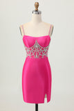 Fuchsia Spaghetti Straps Bodycon Satin Homecoming Dress with Slit
