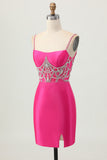 Fuchsia Spaghetti Straps Bodycon Satin Homecoming Dress with Slit