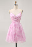Pink A-Line Spaghetti Straps Ruched Floral Homecoming Dress with Lace Up Back