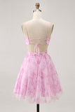 Pink A-Line Spaghetti Straps Ruched Floral Homecoming Dress with Lace Up Back