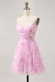 Pink A-Line Spaghetti Straps Ruched Floral Homecoming Dress with Lace Up Back