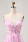 Pink A-Line Spaghetti Straps Ruched Floral Homecoming Dress with Lace Up Back
