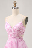 Pink A-Line Spaghetti Straps Ruched Floral Homecoming Dress with Lace Up Back