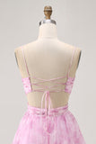 Pink A-Line Spaghetti Straps Ruched Floral Homecoming Dress with Lace Up Back