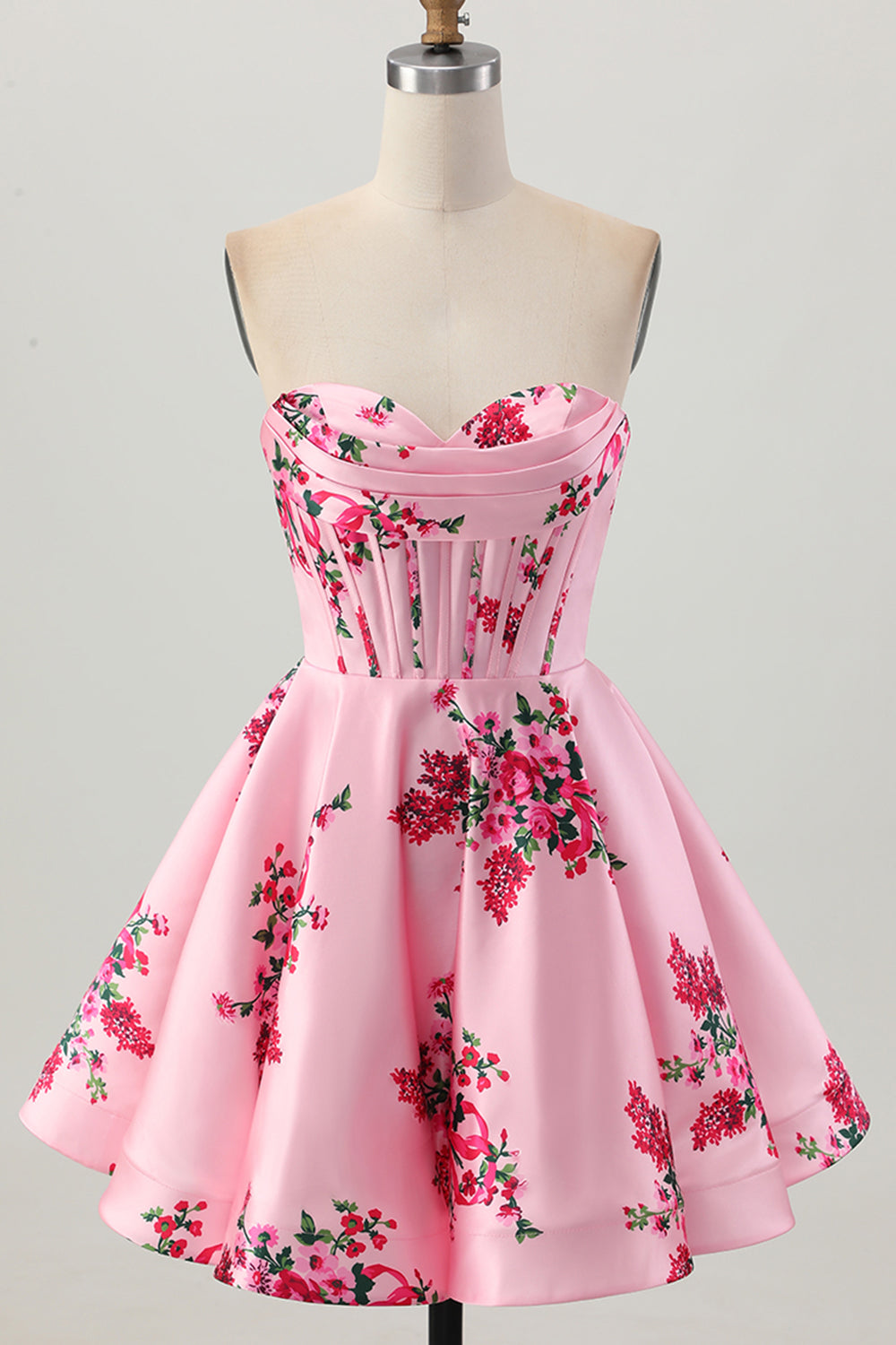 WEDTREND Women Pink Flower Homecoming Dress with Ruffles Strapless A-Line Satin Corset Short Cocktail Dress with Lace Up Back, Pink Flower / US12