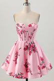 Pink Flower Sweetheart A-Line Satin Corset Homecoming Dress