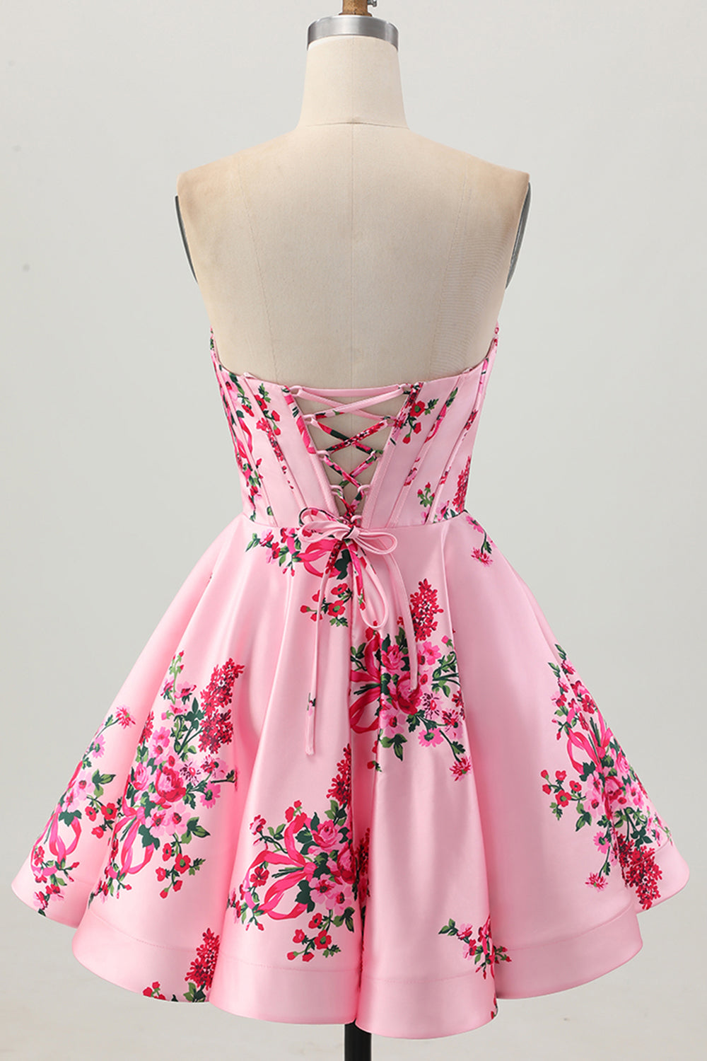 WEDTREND Women Pink Flower Homecoming Dress with Ruffles Strapless A-Line Satin Corset Short Cocktail Dress with Lace Up Back, Pink Flower / US12