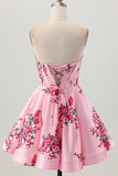 Pink Flower Sweetheart A-Line Satin Corset Homecoming Dress