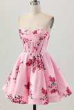Pink Flower Sweetheart A-Line Satin Corset Homecoming Dress