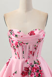 Pink Flower Sweetheart A-Line Satin Corset Homecoming Dress