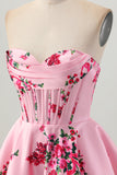 Pink Flower Sweetheart A-Line Satin Corset Homecoming Dress