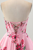 Pink Flower Sweetheart A-Line Satin Corset Homecoming Dress