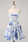 A-Line White Blue Flower Strapless Corset Short Homecoming Dress