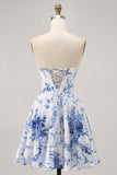 A-Line White Blue Flower Strapless Corset Short Homecoming Dress