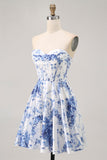 A-Line White Blue Flower Strapless Corset Short Homecoming Dress