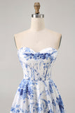 A-Line White Blue Flower Strapless Corset Short Homecoming Dress