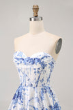 A-Line White Blue Flower Strapless Corset Short Homecoming Dress