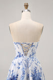 A-Line White Blue Flower Strapless Corset Short Homecoming Dress
