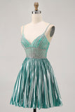 Sparkly Green A Line Metallic Satin Sequins Short Homecoming Dress