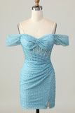 Blue Cold Shoulder Bodycon Corset Short Homecoming Dress with Slit