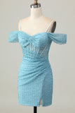 Blue Cold Shoulder Bodycon Corset Short Homecoming Dress with Slit