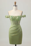 Green Bodycon Off The Shoulder Corset Sequins Short Homecoming Dress
