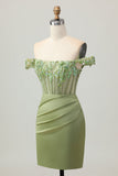 Green Bodycon Off The Shoulder Corset Sequins Short Homecoming Dress