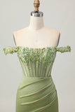 Green Bodycon Off The Shoulder Corset Sequins Short Homecoming Dress