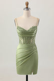 Sage Green Corset Short Satin Tight Homecoming Dress with Slit