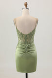 Sage Green Corset Short Satin Tight Homecoming Dress with Slit