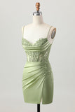 Sage Green Corset Short Satin Tight Homecoming Dress with Slit
