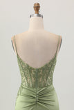 Sage Green Corset Short Satin Tight Homecoming Dress with Slit