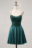 A-Line Appliqued Dark Green Short Homecoming Dress with Beading