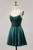 A-Line Appliqued Dark Green Short Homecoming Dress with Beading