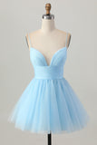 Sky Blue A-Line Spaghetti Straps Backless Short Homecoming Dress