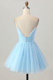 Sky Blue A-Line Spaghetti Straps Backless Short Homecoming Dress