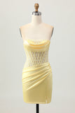 Yellow Tight Strapless Satin Corset Homecoming Dress with Lace Up Back