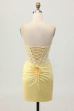 Yellow Tight Strapless Satin Corset Homecoming Dress with Lace Up Back